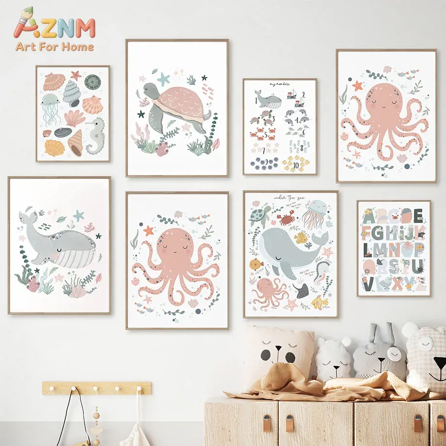 Kids Educational Posters - AZNM Nursery Sea Animal Canvas Wall