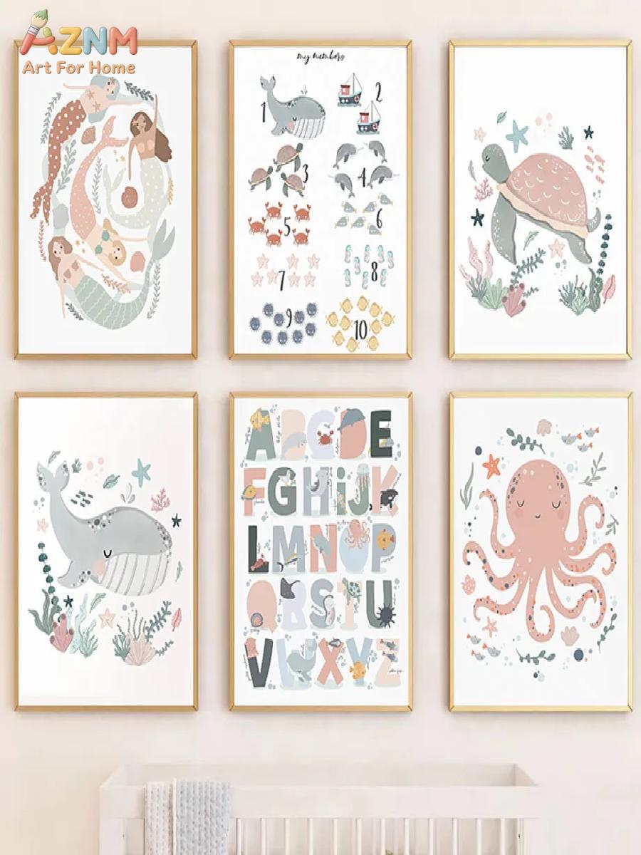 AZNM Nursery Sea Animal Canvas - Kids Educational Posters review and price